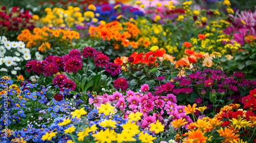 A vibrant display of colorful flowers in a lush garden setting.