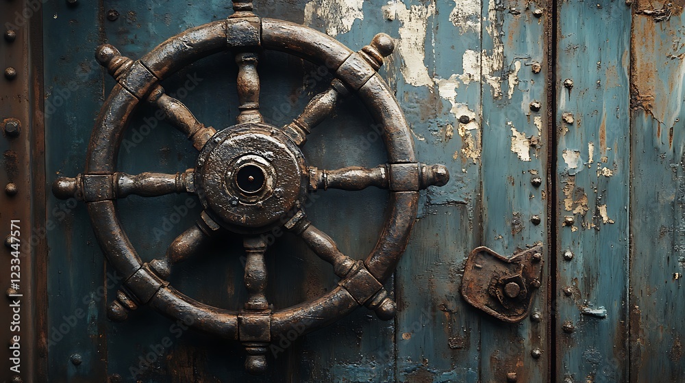 Rustic Ship's Wheel on Weathered Metal Door Rustic Ship's Wheel on Weathered Metal Door