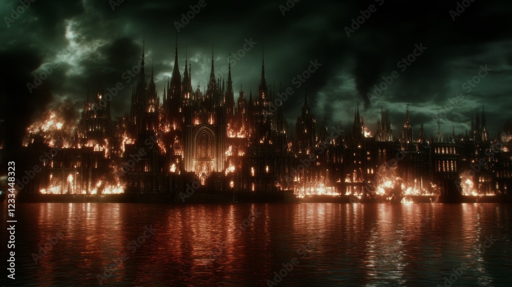 Naklejka premium Gothic Cityscape Inferno Burning Architecture by Water