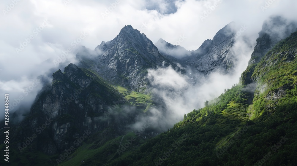 Naklejka premium Misty Mountain Range with Lush Green Slopes Dramatic Landscape Scene