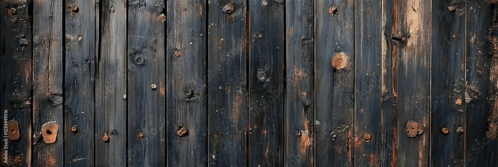Dark wooden planks, weathered texture, rustic barn door, vertical boards, iron nails, aged wood grain, moody lighting, antique patina, rural architecture, panoramic view, grungy surface, earthy tones,