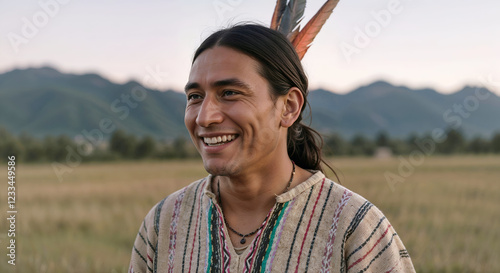 Smiling man in traditional attire standing in field with mountains in background. 
