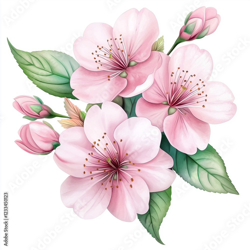 Watercolor botanical illustration of cherry blossoms, dense arrangement, high resolution on white background