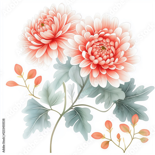 Watercolor botanical illustration of chrysanthemums, dense arrangement, high resolution on white background