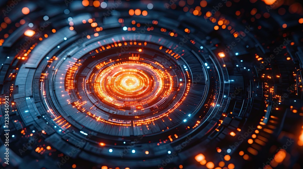 A vibrant, abstract digital spiral with glowing orange and blue elements, creating a mesmerizing sci-fi effect.