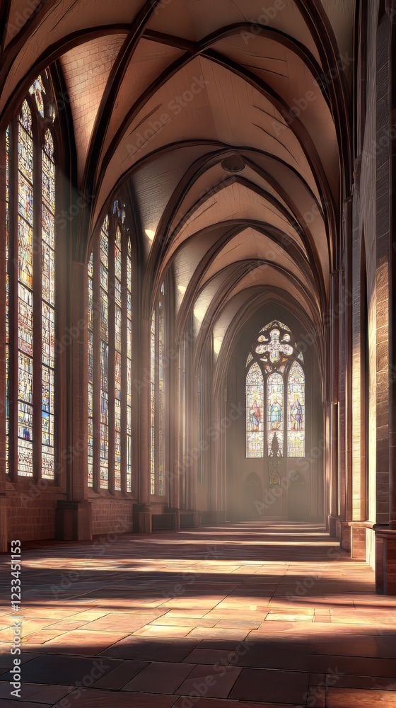 Sunlit cathedral hallway with stained glass