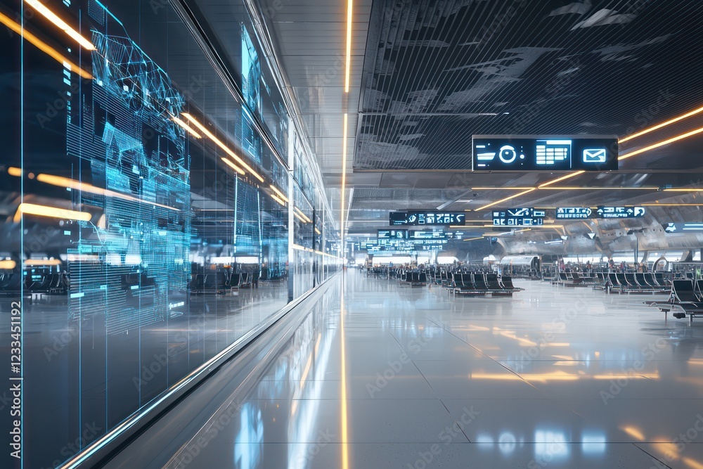 custom made wallpaper toronto digitalFuturistic airport terminal where travelers get help from AI holographs.