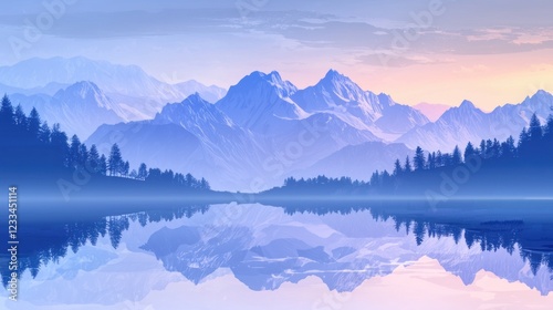 Serene mountain lake reflecting sunset hues.