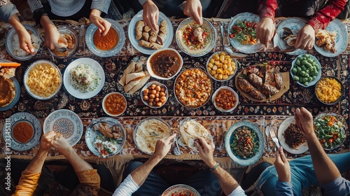 Fasting prayer rituals during ramadan: suhoor and iftar meals shared with family and community photo