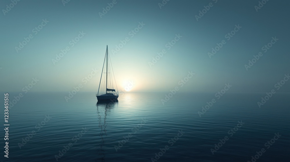 Fototapeta premium Solitary sailboat at sunset on calm sea.