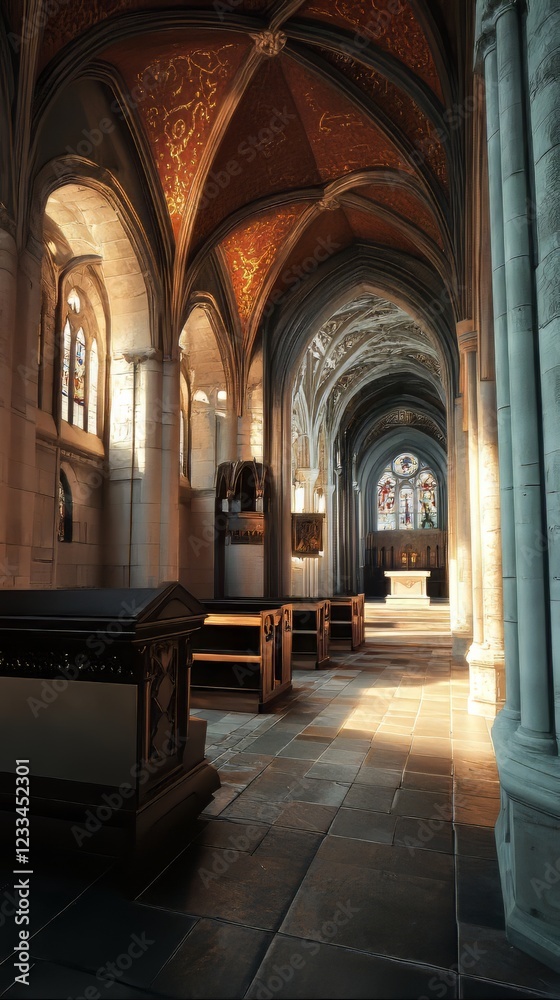 Fototapeta premium Sunlit aisle in a grand cathedral
