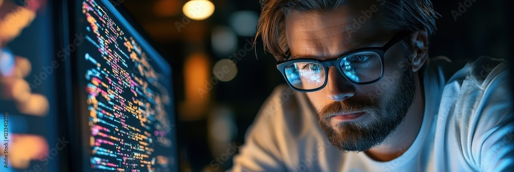 Obraz premium Cyberpunk hacker, blue glow, glasses reflection, focused expression, dark atmosphere, orange and blue contrast, computer screen, digital code, close-up portrait, futuristic, intense lighting, technolo