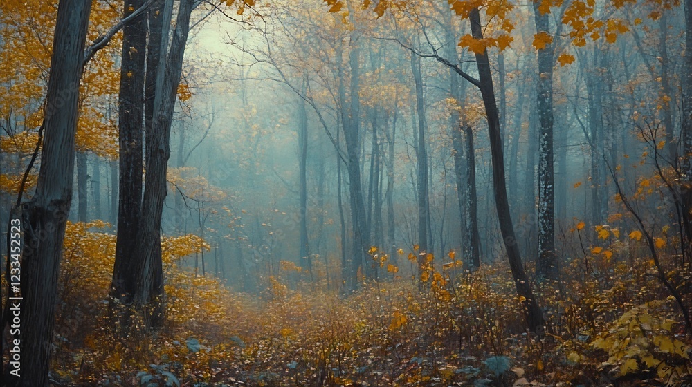 A serene forest scene with mist and autumn foliage, evoking tranquility and nature's beauty. A serene forest scene with mist and autumn foliage, evoking tranquility and nature's beauty.
