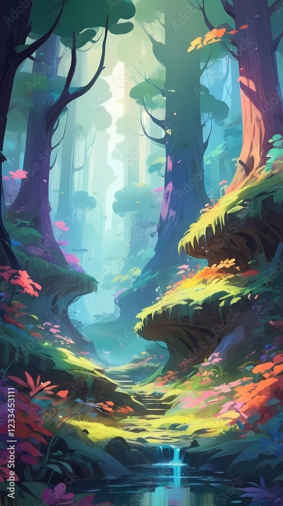 Obraz premium Enchanted forest with serene waterfalls and vibrant autumn foliage, perfect for phone wallpaper or background