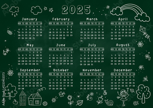 Calendar 2025 - Chalkboard Cute Kid Doodle Drawing Hand Drawn