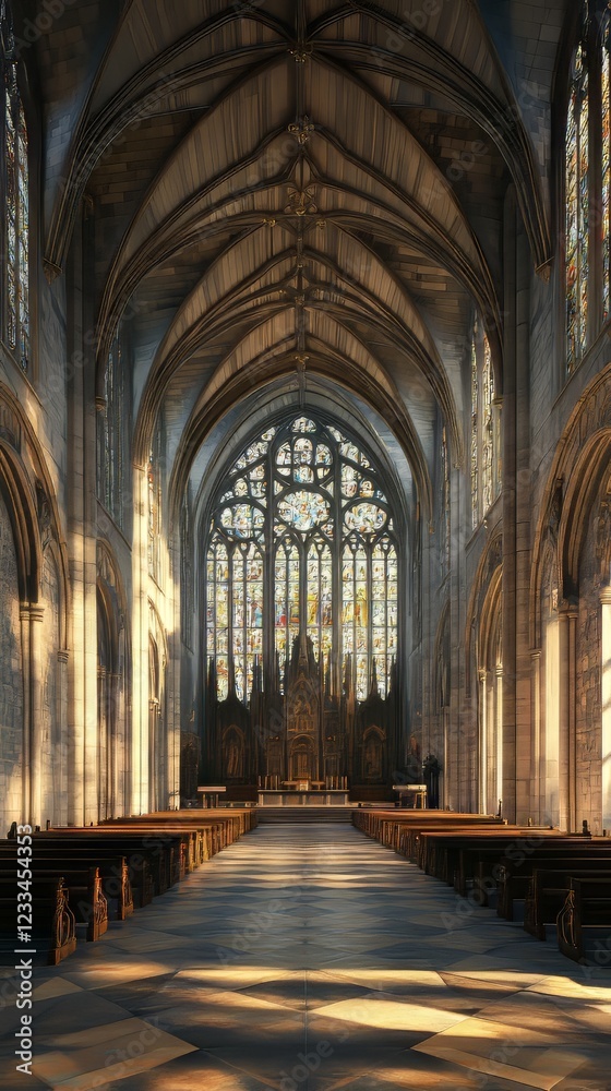 Fototapeta premium Sunlit cathedral nave with stained glass