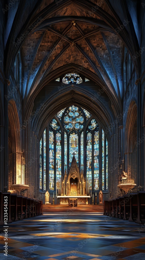 Fototapeta premium Gothic cathedral interior, stained glass