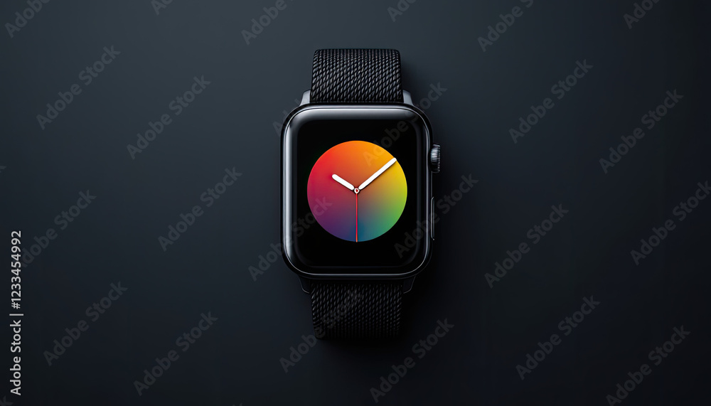 Black Apple Watch with Rainbow Circular Watch Face on Dark Background