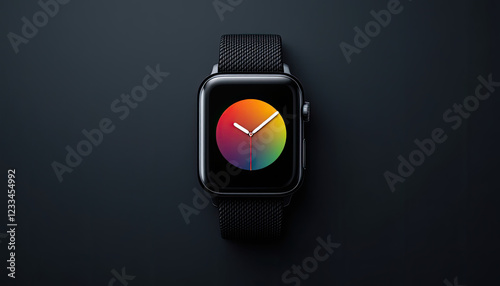 Obraz na płótnie Black Apple Watch with Rainbow Circular Watch Face on Dark Background w salonie