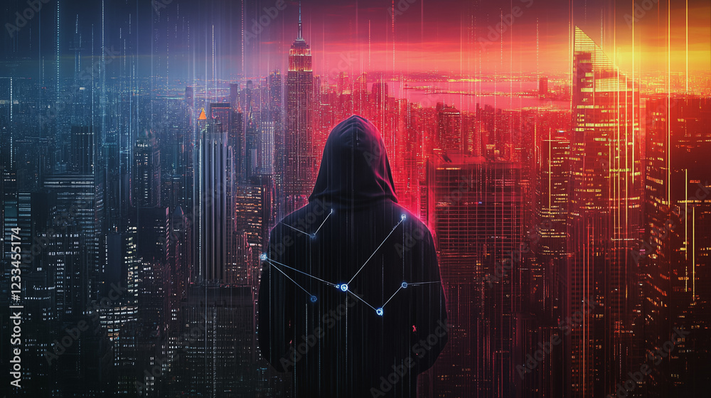 Hacker are planning to hack and attack networks and cyber security , innovative Smart city and graphs with statistics to analyze business potential and predict future developments in company growth.