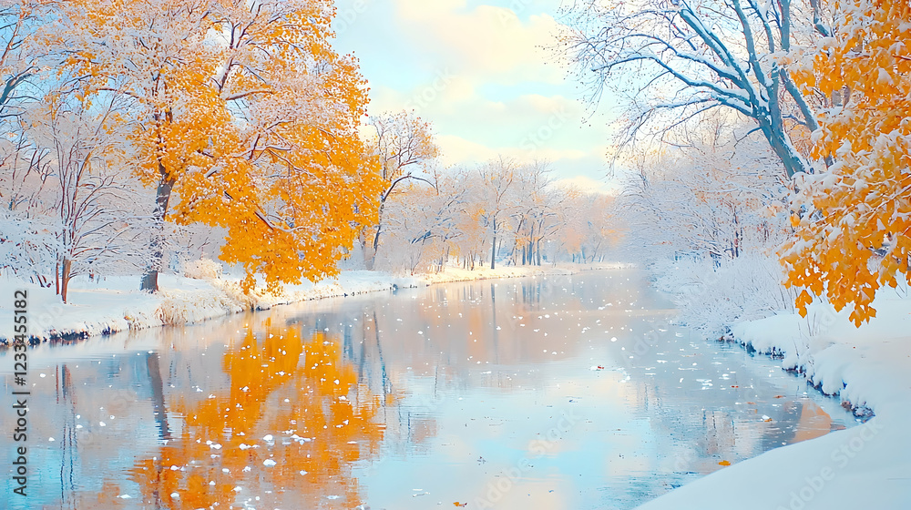 Naklejka premium Snowy autumn river, golden leaves reflection, tranquil winter park scene, nature postcard