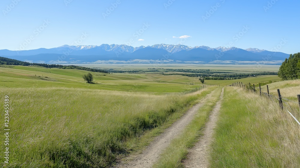 Serene Meadow Path Leading To Majestic Snowcapped Mountains Serene Meadow Path Leading To Majestic Snowcapped Mountains
