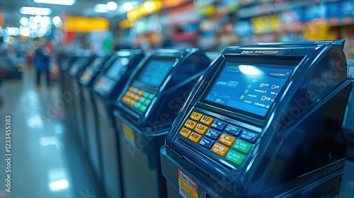 Self-checkout kiosks in a busy retail store with blurred customers photo