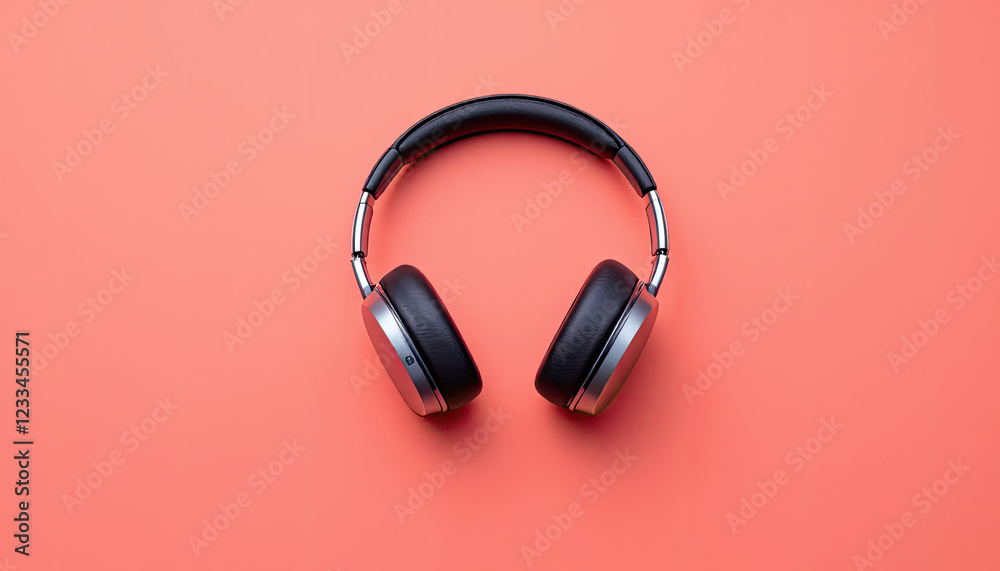 Sleek Black and Silver Headphones on Coral Background Sleek Black and Silver Headphones on Coral Background