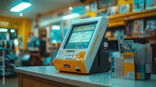 Self-service lottery terminal on counter in store with blurred background
