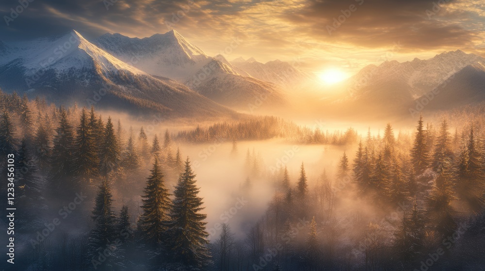 Obraz premium Majestic winter landscape scenery wallpaper with snow mountain forest