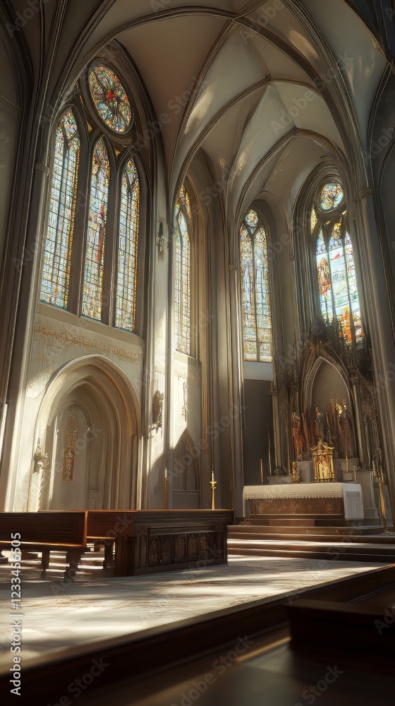 Fototapeta premium Sunlit church interior with stained glass
