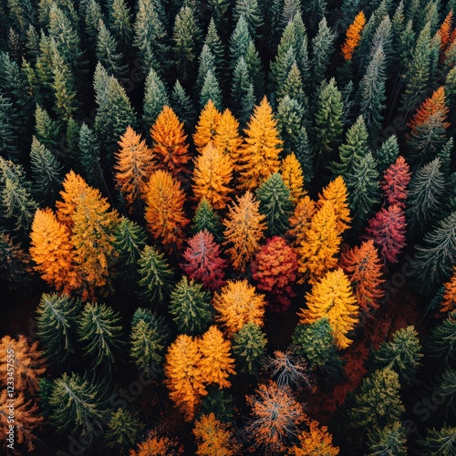 Aerial View of Vibrant Autumn Forest with Colorful Foliage in Varying Tones of Red and Orange photo