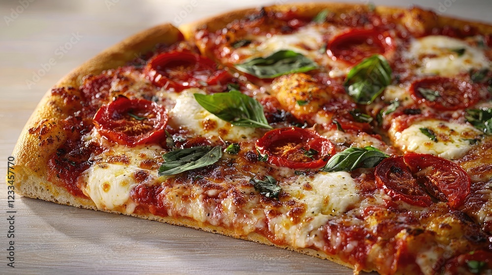 Delicious pizza with fresh basil and tomatoes, close-up shot in a cozy kitchen setting Delicious pizza with fresh basil and tomatoes, close-up shot in a cozy kitchen setting