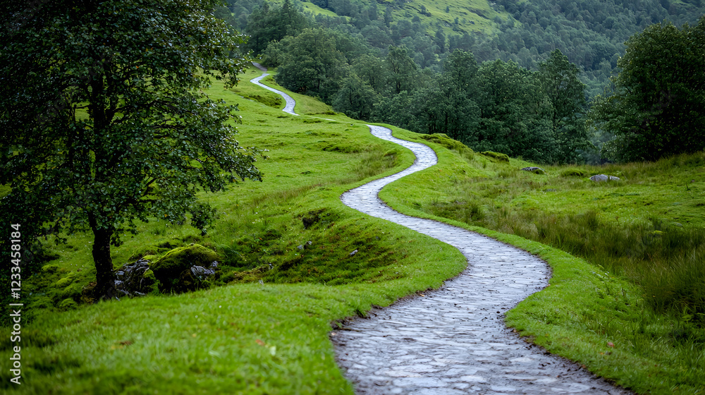 Winding path through lush green valley, rain. Travel brochure Winding path through lush green valley, rain. Travel brochure