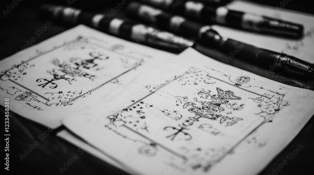 Handwritten Symbols Ancient Script Pages Ink Pens Handwritten Symbols Ancient Script Pages Ink Pens