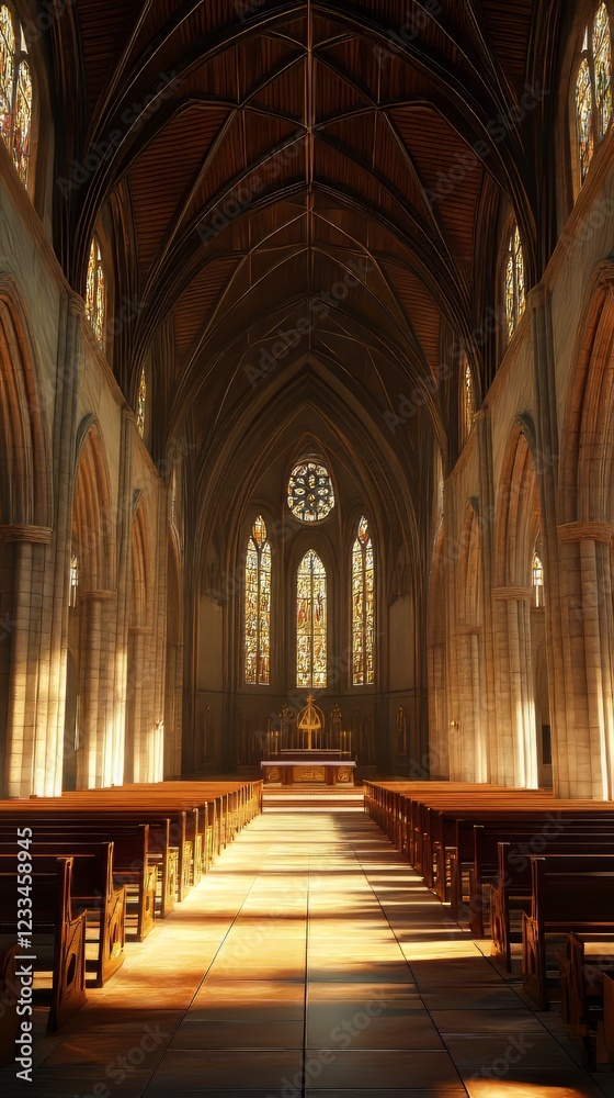 Fototapeta premium Sunlit church interior, serene and peaceful.