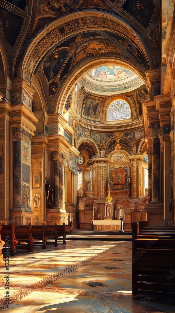 Fototapeta premium Sunlit Grandeur of a Church Interior