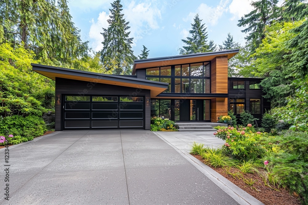 Fototapeta premium Architecturally advanced black and wood home with a stylish garage and landscaped driveway.