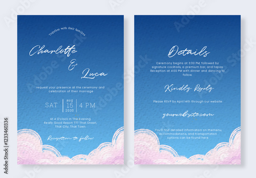 Set of Watercolor night sky with floral field landscape wedding invitation template