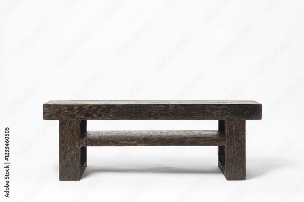 Dark brown wooden bench with shelf. Dark brown wooden bench with shelf.