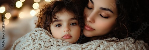 Cozy winter portrait, baby peeking out from soft white blanket, warm golden bokeh lights in background, close-up, innocent expression, big bright eyes, snug and comfortable, holiday atmosphere, shallo photo