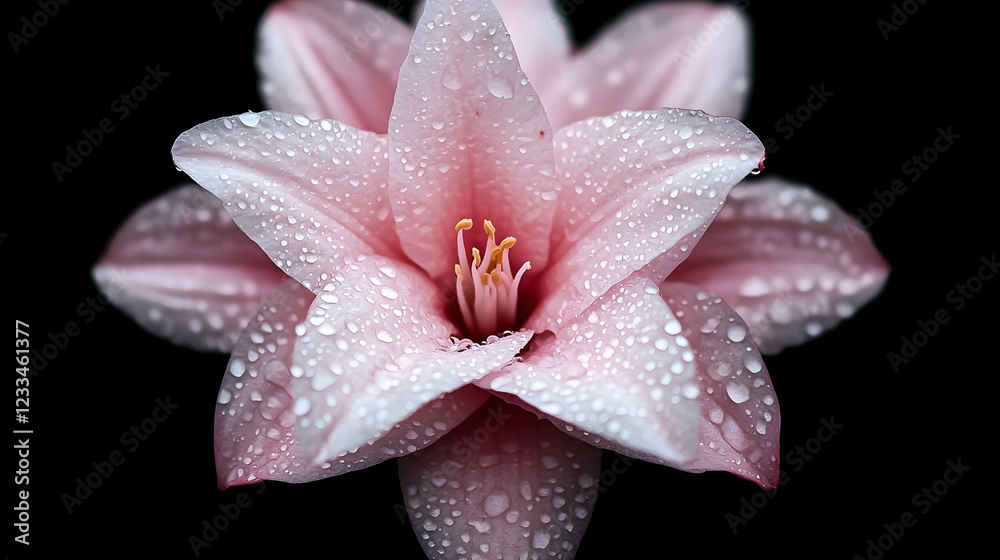 Fototapeta premium Pink flower, dew drops, dark background, nature close-up, botanical illustration
