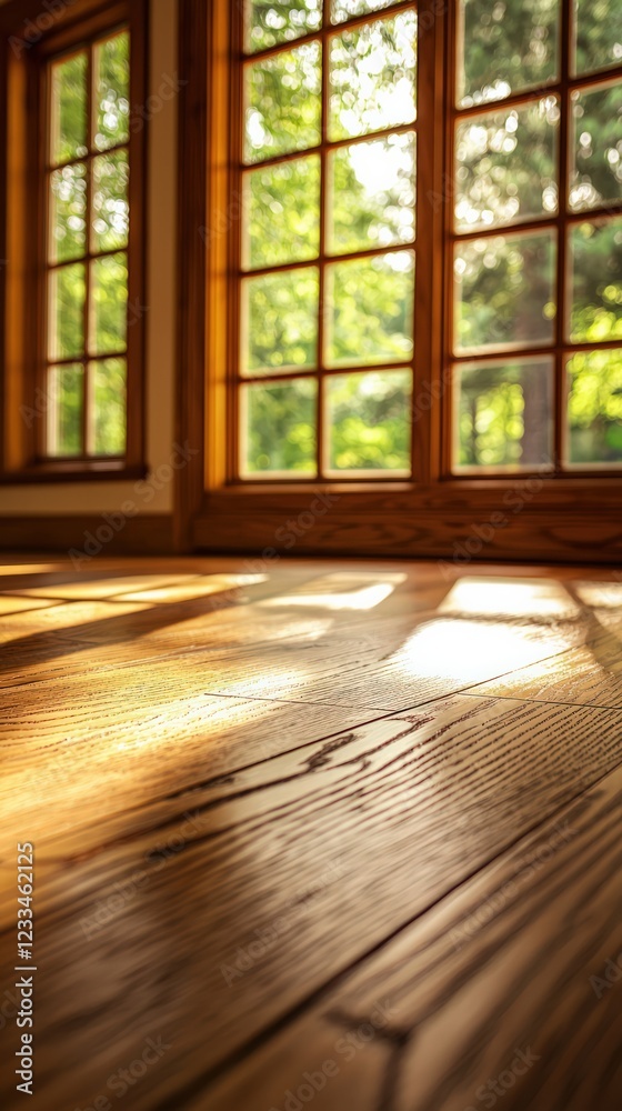Bright Sunlight Streaming Through Large Windows Over Wooden Floor in a Cozy Room