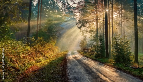 Foggy Autumn Morning Sunbeams Pierce Through Foggy Forest Near Piaseczno, Poland, Highlighting a Stunning Road Amidst Natures Misty Majesty, Captured on photo