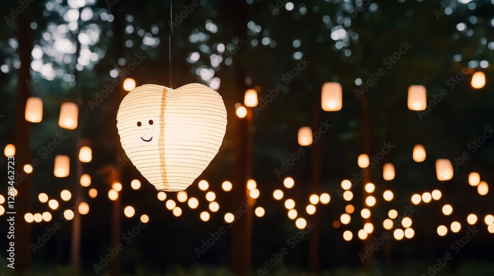 Fototapeta premium Heart Lantern Smiles in Forest Night Lights
