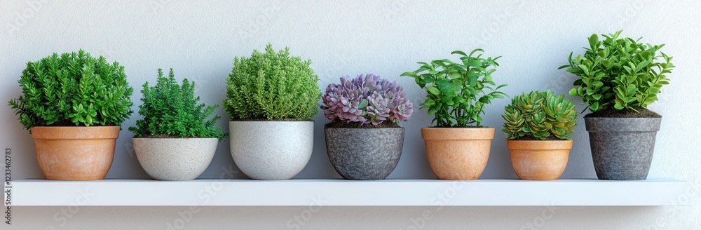 Fototapeta premium Collection of exotic houseplants in ceramic pots on white shelf
