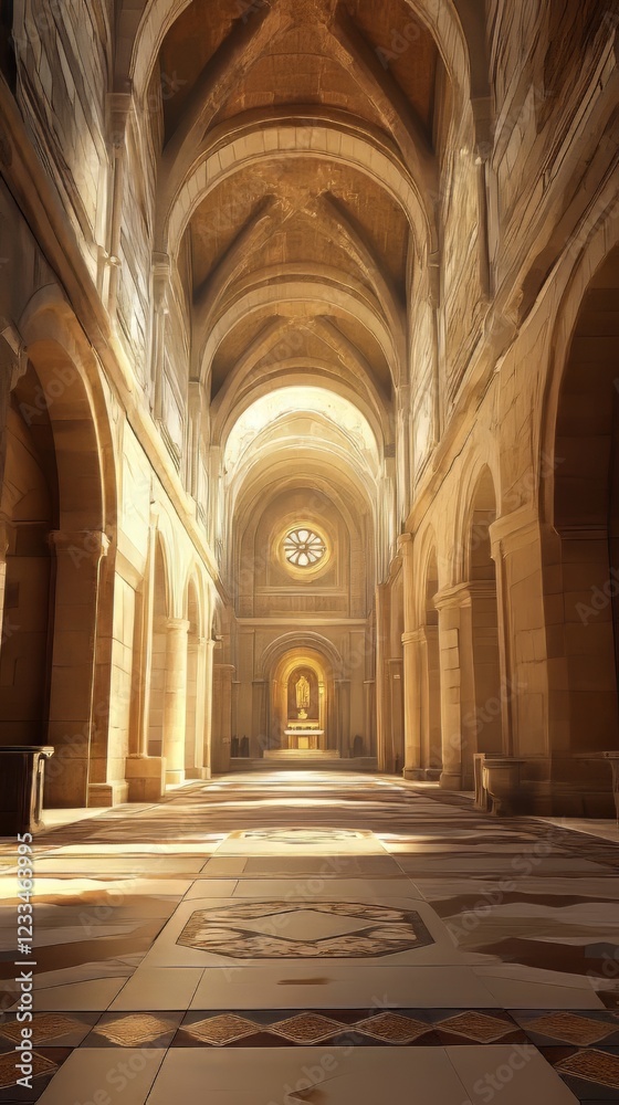 Fototapeta premium Sunlit cathedral nave, peaceful scene