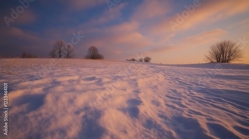 Serene Winter Sunset Landscape Snow Covered Hill in Pink and Orange Hues photo