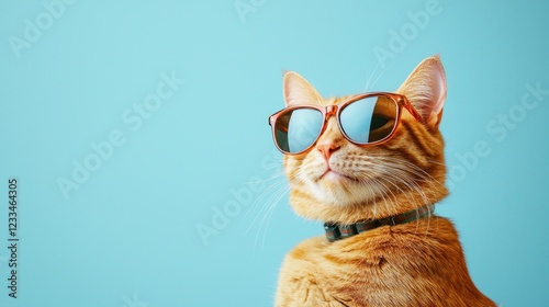A fashionable ginger cat wearing trendy sunglasses with a reflective blue tint, posed confidently against a light blue background. Great for lifestyle, branding, or pet-themed promotions