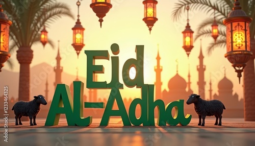 Eid Al-Adha greeting card with a city silhouette in the background, 3D letters that say 